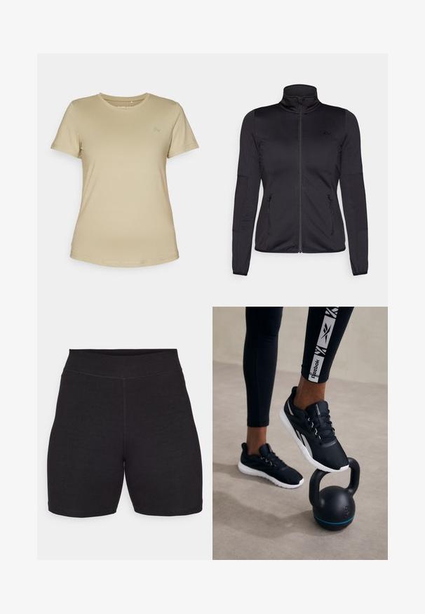 Čierna zipsová bunda s vysokým golierom, vyrobená z hladkého, elastického materiálu, so zipsovými prednými vreckami a štruktúrovanými rukávmi.; Bežové tričko s krátkym rukávom vyrobené z hladkej, elastickej látky. Má okrúhly výstrih a jemné logo v hornej ľavej časti hrudníka.; Čierne cyklistické kraťasy s vysokým pásom, vyrobené z pružného, mäkkého materiálu. Má ploché švy a hladkú textúru pre pohodlie.; Čierne športové topánky s textúrovaným povrchom, bielou podrážkou a šedými akcentmi, umiestnené na čiernej kettlebell s modrým pruhom, na neutrálnom pozadí.