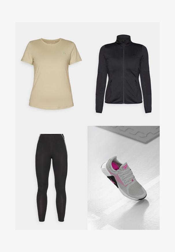 Musta vetoketjullu takki korkealla kauluksella, valmistettu sileästä ja joustavasta kankaasta, jossa on kaksi vetoketjullista etutaskua ja teksturoituja hihoja.; Vaaleanbeige lyhythihainen t-paita sileästä, joustavasta kankaasta. Ominaisuuksina pyöreä pääntie ja huomaamaton logo vasemmassa ylärintakohdassa.; Mustat legginssit, jotka on valmistettu joustavasta materiaalista ja joissa on korkea vyötärö. Niissä on valkoiset sivujuovat ja sileä pinta kauttaaltaan.; Harmaa ja vaaleanpunainen Reebokin urheilukenkä, jossa on verkotettu yläosa ja yksityiskohtainen pohja, esillä heijastavalla valkoisella pinnalla.