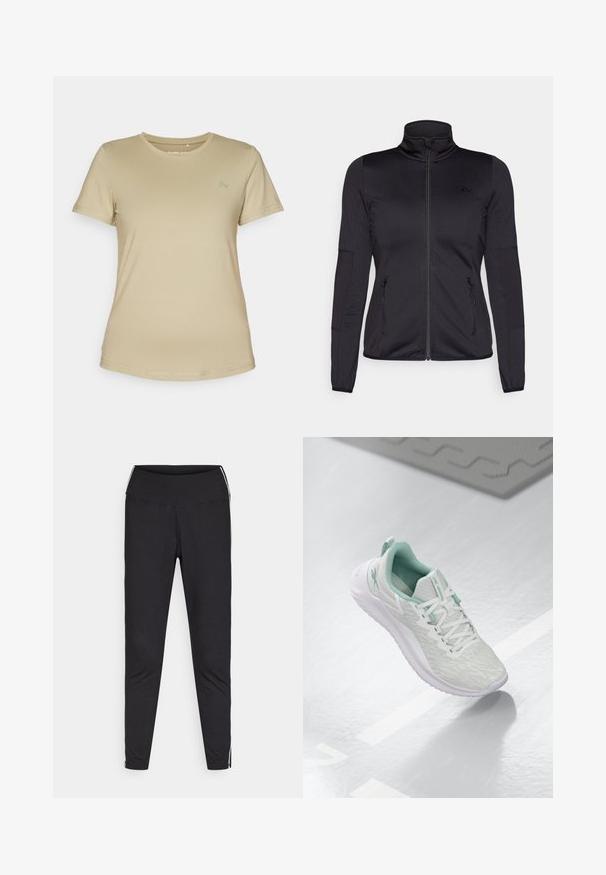 Fekete cipzáras dzseki magas gallérral, sima, rugalmas anyagból készült, elöl két cipzáras zsebbel és texturált ujakkal.; Beige rövidujjú póló sima, rugalmas anyagból. Kerek nyakkivágással rendelkezik, és egy diszkrét logó található a bal mellrészen.; Fekete leggings rugalmas anyagból. Magas derék, szűkített fazon, fehér oldalcsíkokkal a külső varrások mentén. Sima felület.; Világosszürke sportcipő, texturált kötött felső réteggel, menta zöld kiegészítőkkel, fehér fűzőkkel, gumitalppal és húzófüllel a saroknál.