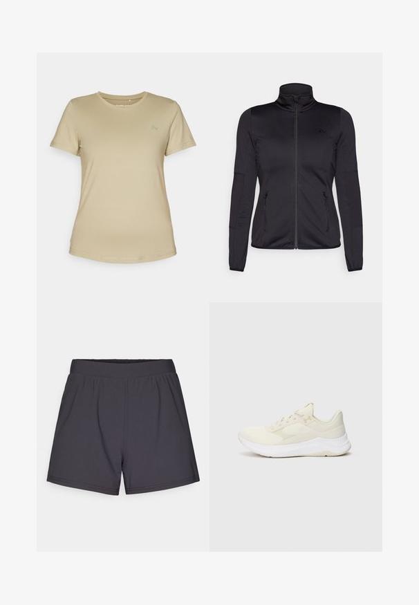 Chaqueta negra con cremallera y cuello alto, confeccionada en un tejido liso y elástico, que cuenta con dos bolsillos delanteros con cremallera y mangas con textura.; Camiseta de manga corta beige de tejido suave y elástico. Presenta un cuello redondo y un logo sutil en la parte superior izquierda del pecho.; Pantalones cortos deportivos negros hechos de un tejido ligero y elástico. Presentan una cinturilla elástica y un diseño simple y sin adornos.; Zapatillas deportivas de color claro, hechas de malla y materiales sintéticos, con una parte superior texturizada, suela acolchada y un branding sutil.