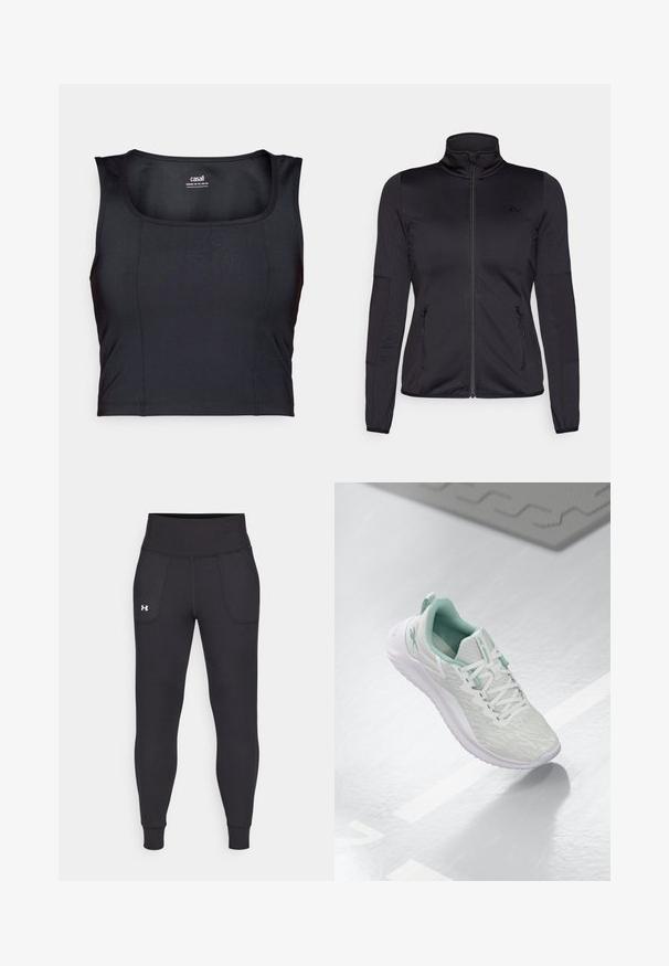 Black zip-up jacket with a high collar, constructed from smooth, stretchy fabric, featuring two zippered front pockets and textured sleeves.; Black athletic crop top, made of smooth fabric, features a round neckline, sleeveless design, and subtle stitching details.; Black athletic leggings made from stretchy material, featuring a high waistband, side pockets, and fitted cuffs at the ankle.; Light gray athletic shoe with a textured knit upper, mint green accents, white laces, rubber sole, and pull tab at the heel.