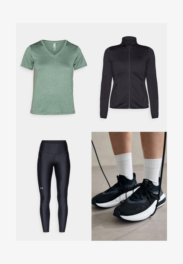 Giacca zip-up nera con colletto alto, realizzata in un tessuto liscio e elasticizzato, dotata di due tasche frontali con zip e maniche strutturate.; T-shirt a maniche corte a V in verde chiaro, realizzato in un tessuto leggero e testurizzato con un sottile motivo melange e orli cuciti.; Leggings neri realizzati in materiale morbido e stretch con vita alta. Presentano un logo bianco sulla coscia sinistra e un design aderente.; Scarpe sportive nere con tessuto testurizzato, suola bianca e lacci neri. Indossate con calzini bianchi a costine, in piedi su una superficie chiara.