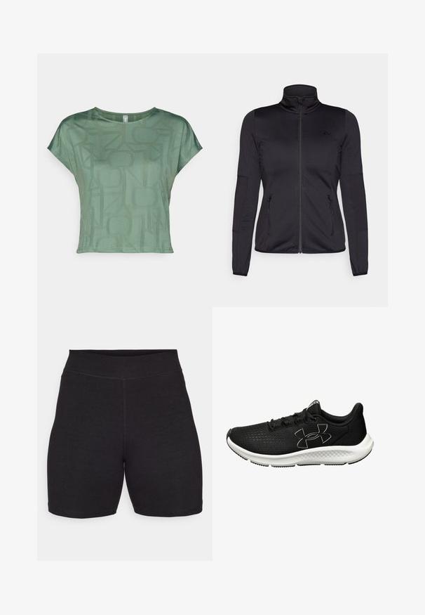 Giacca zip-up nera con colletto alto, realizzata in un tessuto liscio e elasticizzato, dotata di due tasche frontali con zip e maniche strutturate.; T-shirt verde a maniche corte realizzato in tessuto leggero con un motivo geometrico tono su tono. Collo rotondo e vestibilità rilassata con cuciture laterali.; Pantaloni ciclistici neri a vita alta, realizzati in un tessuto elasticizzato e morbido. Presentano cuciture piatte e una superficie liscia per il massimo comfort.; Scarpe da ginnastica nere con tomaia in mesh testurizzato, suola intermedia bianca e suola esterna in gomma nera. Presentano lacci neri e un logo sul lato.