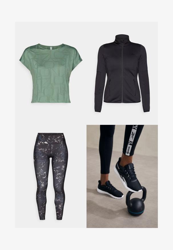 Melns zip-up jakas ar augstu apkakli, izgatavota no gludas, elastīgas auduma, ar divām kabatām priekšpusē ar rāvējslēdzējiem un teksturētām piedurknēm.; Zaļš īsajām piedurknēm T-krekls, izgatavots no viegla auduma, ar tonālām ģeometriskām rakstām. Apaļa kakla līnija un brīva piegriezuma forma ar sānu šuvēm.; Augstās jostasvietas legingi ar melnu pamatu un marblēta raksta izskatu muted krāsās. Gluda, elastīga materia ar kontrastējošām šuvēm un redzama aparatūra nav.; Melni sporta apavi ar struktūrētu augšdaļu, balto zoli un pelēkiem akcentiem, novietoti uz melna kettlebella ar zilā svītru, uz neitrāla fona.