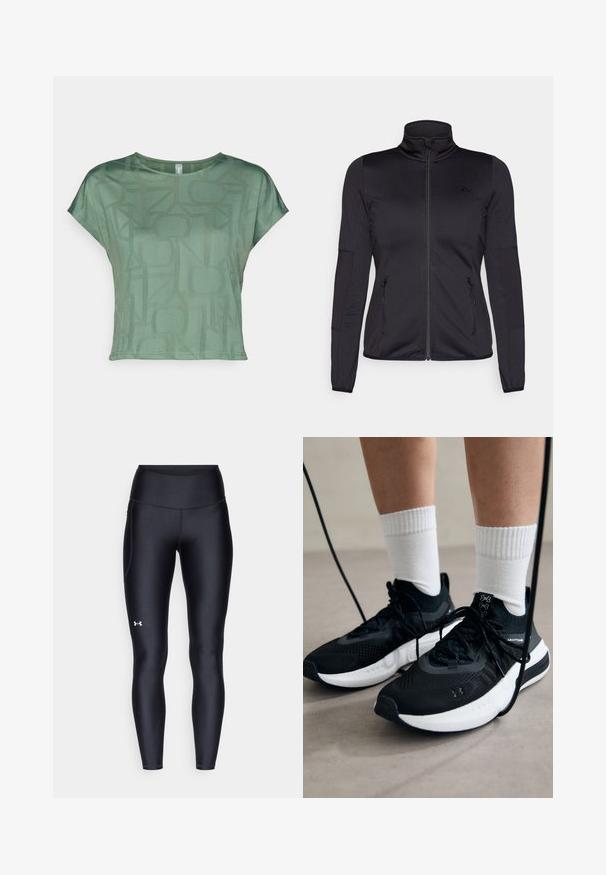 Zwarte zip-up jas met hoge kraag, gemaakt van een gladde, rekbare stof, met twee met rits gesloten voorzakken en gestructureerde mouwen.; Groene T-shirt met korte mouwen, gemaakt van lichtgewicht stof, met een tonale geometrische print. Ronde halslijn en een relaxte pasvorm met zijnaad.; Zwarte leggings van glad, rekbaar materiaal met een hoge tailleband. Heeft een wit logo op de linkerdij en een aansluitend ontwerp.; Zwarte sportschoenen van gestructureerde stof, met een witte zool en zwarte veters. Draag ze met witte geribde sokken, staand op een lichte ondergrond.