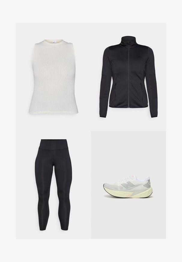 Sort zip-jakke med høj krave, fremstillet af glat, strækbart stof, med to lynlåslommer foran og strukturerede ærmer.; Hvid, ribbet, ærmeløs top med rund halsudskæring. Har et tætsiddende design og glat tekstur. Ingen yderligere mønstre eller accenter synlige.; Sorte højtaljede leggings i fuld længde med glat stof og synlige sømdetaljer på fronten og taljebåndet.; Letvægts løbesko med en grå og hvid mesh-overdel, et fremtrædende 'N' logo og en gul mellemsål med skrå detaljer. Sort ydersål.