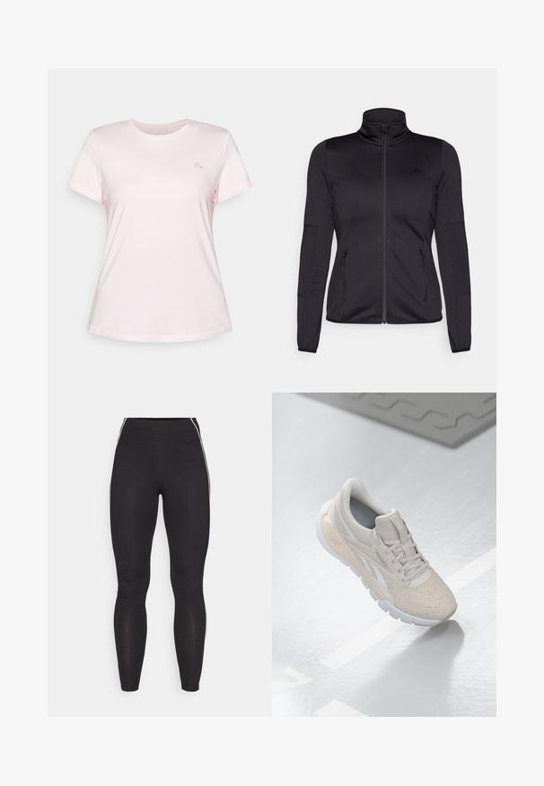 Jachetă neagră cu fermoar, cu guler înalt, confecționată dintr-un material neted și elastic, având două buzunare frontale cu fermoar și mâneci texturate.; Tricou scurt roz deschis, cu mânecă scurtă și guler rotund, având un logo mic pe partea stângă a pieptului. Fabricat dintr-un material neted și moale.; Legginguri negre dintr-un material elastic, cu un talie înaltă. Au dungi laterale albe și o textură netedă pe toată suprafața.; Adidașuri bej deschis, cu un superior perforat, accente texturate, guler căptușit și talpă din cauciuc alb, concepute pentru confort și respirabilitate.