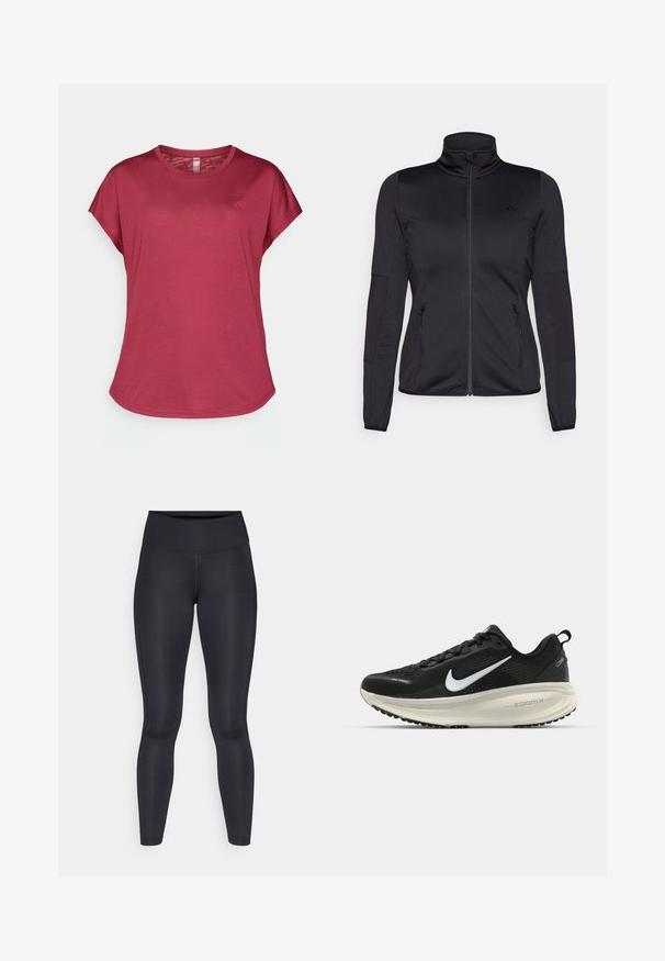 Svart zip-up jakke med høy krage, laget av glatt, elastisk stoff, med to glidelås-lommer foran og teksturerte ermer.; Bærfarget kortermet t-skjorte med rund hals, myk tekstur, avslappet passform, og en subtil logo på venstre side foran.; Sorte leggings laget av glatt, elastisk materiale. Høy midje uten synlige mønstre eller detaljer. Sitter tett fra midjen til anklene.; Svart Nike løpesko med pustende mesh-overdel, hvit swoosh-logo, teksturert detaljer og en kremfarget ZoomX mellomsåle.