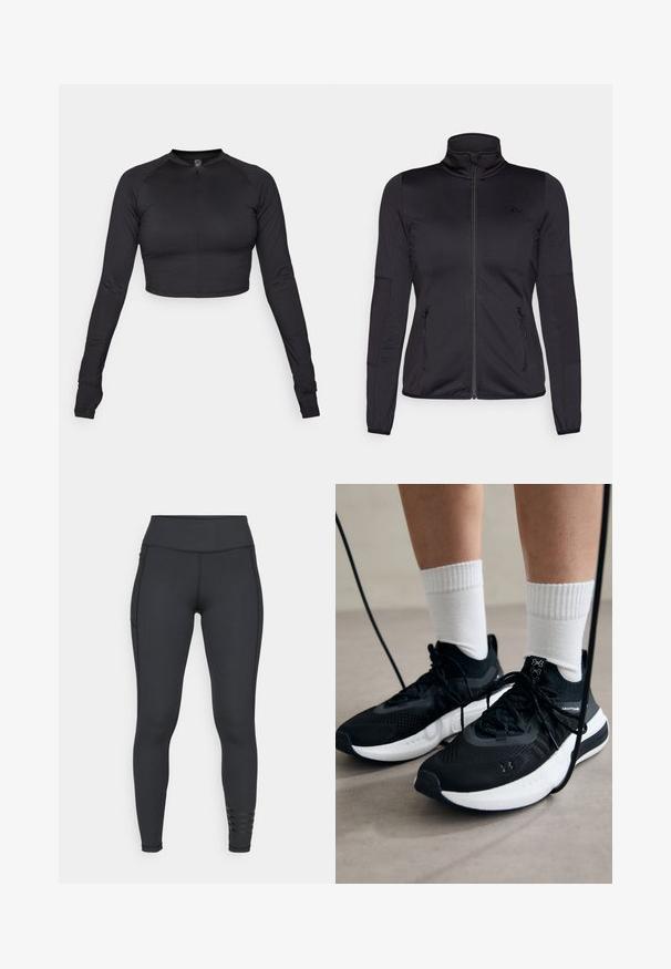 Giacca zip-up nera con colletto alto, realizzata in un tessuto liscio e elasticizzato, dotata di due tasche frontali con zip e maniche strutturate.; Top nero a maniche lunghe cropped con collo alto e zip frontale, realizzato in tessuto liscio ed elasticizzato; design aderente con maniche raglan.; Leggings neri realizzati in materiale elasticizzato, con una vita alta, un design elegante e dettagli a strisce vicino alla caviglia.; Scarpe sportive nere con tessuto testurizzato, suola bianca e lacci neri. Indossate con calzini bianchi a costine, in piedi su una superficie chiara.