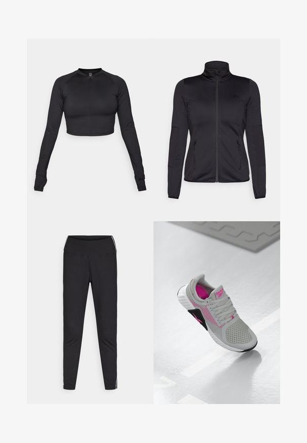 Schwarze Zip-Jacke mit hohem Kragen, gefertigt aus glattem, dehnbarem Material, mit zwei vorderen Reißverschlusstaschen und strukturierten Ärmeln.; Schwarzes, croppendes Langarmoberteil mit hohem Kragen und Vorderreißverschluss, aus glattem, dehnbarem Material; figurbetontes Design mit Raglanärmeln.; Schwarze Leggings aus dehnbarem Stoff. Hoher Bund, schmaler Schnitt, mit weißen Seitenstreifen entlang der äußeren Nähte. Glatte Textur.; Graue und rosa Reebok Sportschuhe mit Mesh-Obermaterial und detaillierter Sohle, auf einer reflektierenden weißen Fläche präsentiert.