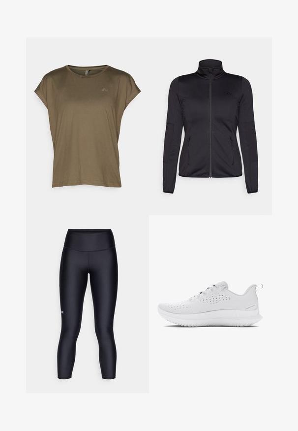 Črna jakna na zadrgo z visokim ovratnikom, izdelana iz gladkega, raztegljivega materiala, z dvema sprednjima žepoma na zadrgo in teksturiranimi rokavi.; ONLY Play ONPAUBREE LIFE ON BAT LOOSE - Športne majice - kalamata; Črne legice iz gladkega, raztegljivega materiala. Visok pas s tesnim prileganjem in majhnim logotipom na levi nogi.; Svetlo sivi atletski čevlji z teksturiranim zgornjim delom, perforacijami za zračnost ter gumijastim podplatom z izrazitim profilom.