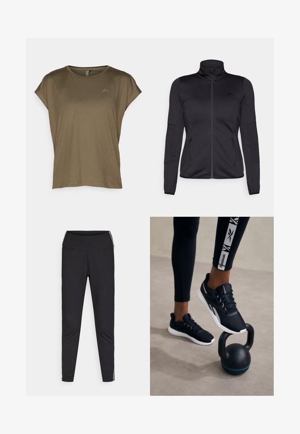 Čierna zipsová bunda s vysokým golierom, vyrobená z hladkého, elastického materiálu, so zipsovými prednými vreckami a štruktúrovanými rukávmi.; ONLY Play ONPAUBREE LIFE ON BAT LOOSE - Športové tričko - kalamata; Čierne legíny vyrobené zo strečového materiálu. Vysoký pás, zúžený strih, obsahujú biele bočné prúžky podél vonkajších švov. Hladká textúra.; Čierne športové topánky s textúrovaným povrchom, bielou podrážkou a šedými akcentmi, umiestnené na čiernej kettlebell s modrým pruhom, na neutrálnom pozadí.