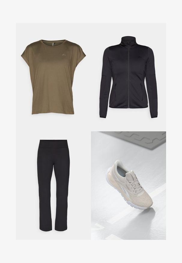 Black zip-up jacket with a high collar, constructed from smooth, stretchy fabric, featuring two zippered front pockets and textured sleeves.; ONLY Play ONPAUBREE LIFE ON BAT LOOSE TEE - Basic T-shirt - kalamata; Black leggings with a smooth, stretchy fabric and a wide waistband. They have straight, full-length legs and no visible patterns or accents.; Light beige athletic shoe with a perforated upper, textured accents, padded collar, and white rubber sole, designed for comfort and breathability.