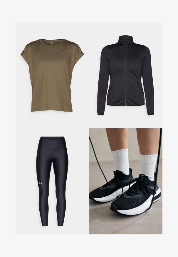 Jaqueta preta com fecho éclair e gola alta, feita de um tecido liso e elástico, apresentando dois bolsos frontais com fecho éclair e mangas texturizadas.; ONLY Play ONPAUBREE LIFE ON BAT LOOSE TEE - T-shirt básica - kalamata; Leggings pretos feitos de material liso e elástico, com uma cintura alta. Apresentam um logotipo branco na coxa esquerda e um design ajustado.; Sapatilhas desportivas pretas com tecido texturizado, sola branca e atacadores pretos. Usadas com meias brancas caneladas, a pé sobre uma superfície clara.