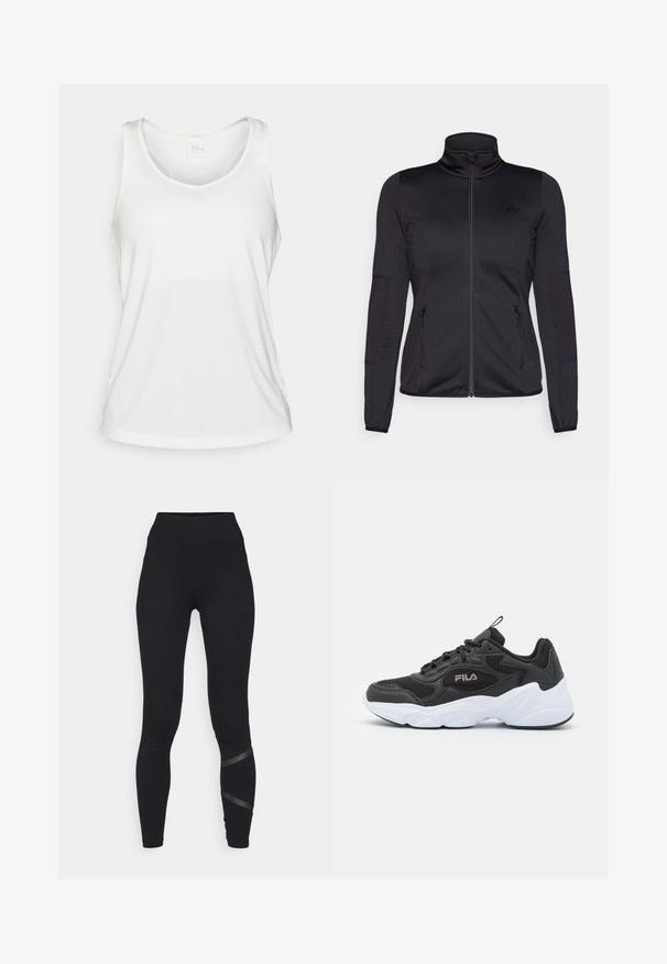 Black zip-up jacket with a high collar, constructed from smooth, stretchy fabric, featuring two zippered front pockets and textured sleeves.; White sleeveless sports tank top with a V-neck and a small FILA logo on the inner back collar, displayed flat.; ONLY Play ONPCROSS LIFE LEG - Leggings - black; Black athletic shoe with mesh and synthetic material, featuring a white rubber sole, rounded design, and prominent logo on the side.