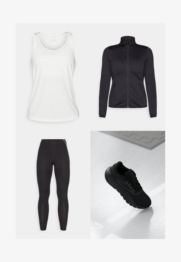 Črna jakna na zadrgo z visokim ovratnikom, izdelana iz gladkega, raztegljivega materiala, z dvema sprednjima žepoma na zadrgo in teksturiranimi rokavi.; Bela brezrokavna športna majica s深im izrezom in majhnim FILA logotipom na notranji zadnji ovratniku, prikazana ležeče.; Črne legice iz raztegljivega materiala z visokim pasom. Imajo bele stranske črte in gladko teksturo po vsej dolžini.; Črne športne čevlje z mrežasto zgornjim delom, okroglo konico, oblazinjenim podplatom in teksturiranimi detajli, postavljeni na gladko belo površino.