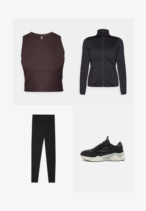 Juoda zip-up striukė su aukštu apykakle, pagaminta iš lygaus, elastingo audinio, turinti dvi užtrauktukais uždaromas priekinės kišenes ir tekstūruotas rankoves.; Tamsiai rudos spalvos raibotas trumpas viršus su plačiomis petnešėlėmis, apvaliu kaklu ir be siūlių dizainu. Pasižymi prigludusia siluetu ir tampri medžiaga, užtikrinančia komfortą.; Juodos leggingai, pasižymintys lygiu paviršiumi, aukštu juosmeniu ir siuvimo detalėmis šonuose. Dailiai priglustanti forma, tinkanti įvairioms veikloms.; Juodi sportiniai bateliai, pagaminti iš tinklinės medžiagos ir zomšo, su storu padu, apvalia forma, subtiliomis pilkomis detalėmis ir prekės ženklu šone.