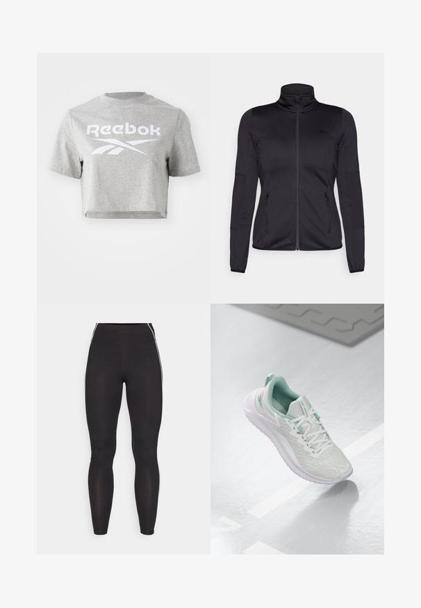 Crna jakna s patentnim zatvaračem i visokim ovratnikom, napravljena od glatkog, rastezljivog materijala, s dva prednja džepa na patentni zatvarač i teksturiranim rukavima.; Siva skraćena majica od pamuka, s okruglim izrezom i kratkim rukavima, s bijelim natpisom i logotipom "Reebok" otisnutim sprijeda.; Crne tajice izrađene od rastezljivog materijala s visokim pojasom. Ima bijele bočne pruge i glatku teksturu.; Svijetlosivi atletski tenisice s teksturiranim pletenim gornjim dijelom, mint zelenim detaljima, bijelim vezicama, gumeni potplat i petni nastavak.