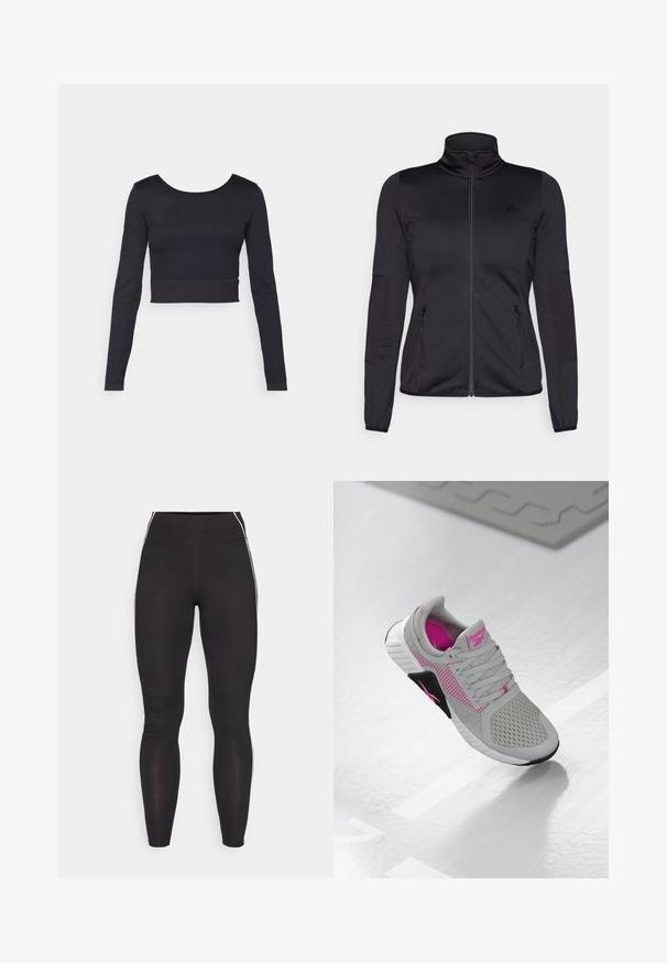 Juoda zip-up striukė su aukštu apykakle, pagaminta iš lygaus, elastingo audinio, turinti dvi užtrauktukais uždaromas priekinės kišenes ir tekstūruotas rankoves.; Juodas ilgomis rankovėmis, prigludęs trumpas viršus su apvaliomis iškirptėmis ir griovelių tekstūra. Apačia baigiasi šiek tiek virš juosmens, pasižymint minimalizmo dizaino elementais.; Juodos leggingai, pagaminti iš tamprios medžiagos, su aukštu juosmeniu. Pasižymi baltais šoniniais dryžiais ir sklandžia tekstūra visame paviršiuje.; Pilkas ir rožinis Reebok sportinis kedas su tinkleliu viršuje ir detaliu padu, rodoma ant atspindinčio balto paviršiaus.