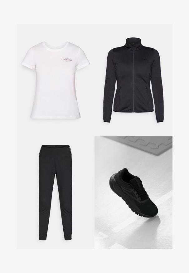 Must ehk üles tõmmatav jakk, millel on kõrge krae, valmistatud siledast ja venivast kangast, millel on kaks lukuga esikotid ja tekstureeritud varrukad.; Valge puuvillane T-särk, millel on lühikesed varrukad ja ümar kaelus. Esiküljel on punane tekst: "ONLY PLAY ATHLEISURE EST. ACTIVE LIFE 2006."; Mustad must leggings venivast kangast. Kõrge vöökoht, kitsenev lõige, valged külgtriibud välimistel õmblustel. Sile pind.; Mustvalge spordijalats, millel on võrgusilma ülemine osa, ümmargune nina, pehme talla ja tekstuuriga aktsendid, asetatuna siledale valgele pinnale.