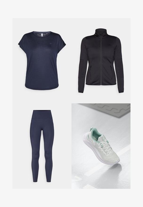 Juoda zip-up striukė su aukštu apykakle, pagaminta iš lygaus, elastingo audinio, turinti dvi užtrauktukais uždaromas priekinės kišenes ir tekstūruotas rankoves.; Navy mėlynos spalvos trumpomis rankovėmis marškinėliai, pagaminti iš lengvos medžiagos, su apvalia iškirpte ir subtilia logotipo detale ant krūtinės.; Tamsiai mėlynos legging`ai, pagaminti iš elastingos medžiagos, su aukštu juosmeniu ir šonine kišene. Lygi tekstūra ir prigludusi dizainas.; Šviesiai pilni sportiniai bateliai su tekstūruota mezgimo viršutine dalimi, mėtų žalumo akcentais, baltais raišteliais, guminėmis padangomis ir kilpa kulne.