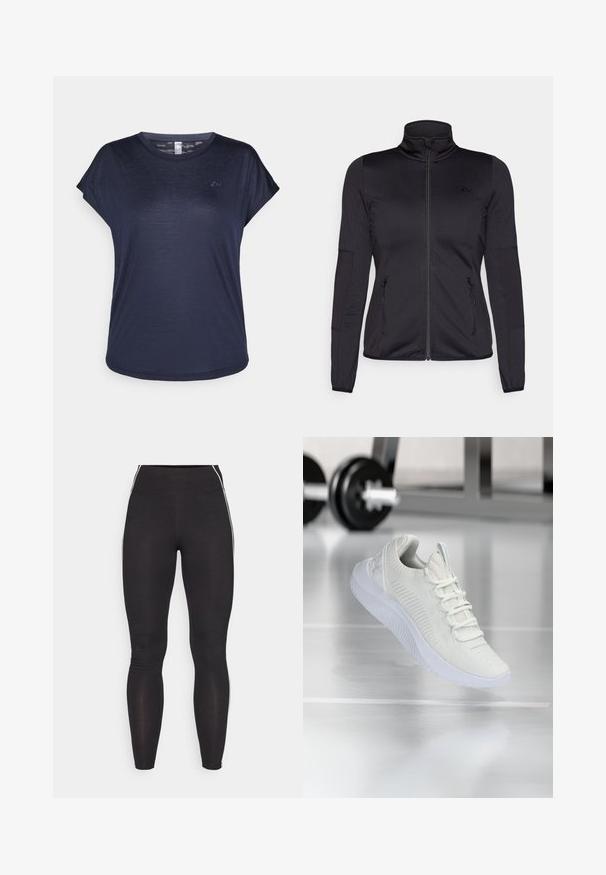 Melns zip-up jakas ar augstu apkakli, izgatavota no gludas, elastīgas auduma, ar divām kabatām priekšpusē ar rāvējslēdzējiem un teksturētām piedurknēm.; Tumši zils īsām piedurknēm T-krekls, izgatavots no viegla auduma, ar apaļu kakla izgriezumu un diskretu logotipa detaļu uz krūtīm.; Melnas legingas, kas izgatavoti no elastīga materiāla ar augstu jostasvietu. Iezīmē balti sānu svītras un gludu tekstūru visā virsmā.; Baltas sporta apavi ar teksturētu sietu augšdaļu un sasiešanas sistēmu, ar mīkstu baltu zoli un smalkiem ribotiem akcentiem.