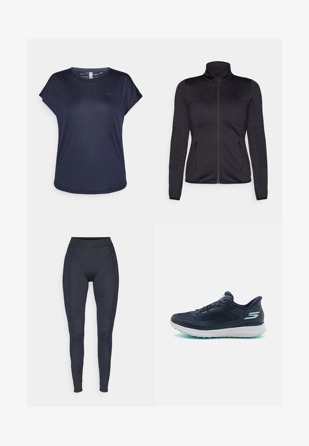 Sort zip-jakke med høj krave, fremstillet af glat, strækbart stof, med to lynlåslommer foran og strukturerede ærmer.; Marineblå kortærmet t-shirt lavet af let stof, med rund halsudskæring og diskret logo på brystet.; Højtaljede sorte leggings lavet af strækbart stof, med sømløse sider og tætsiddende design for komfort og bevægelighed.; Marineblå løbesko med en åndbar mesh-overdel, hvid mellemsål og lyseblå accenter. Har en struktureret sål for godt greb.