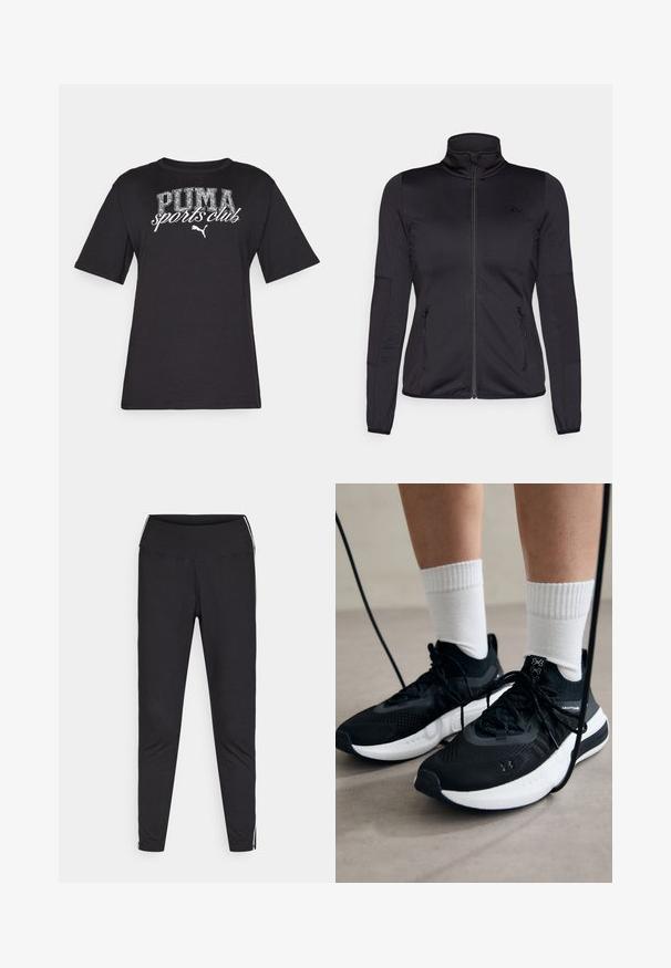 Juoda zip-up striukė su aukštu apykakle, pagaminta iš lygaus, elastingo audinio, turinti dvi užtrauktukais uždaromas priekinės kišenes ir tekstūruotas rankoves.; Juodas medvilnės marškinėliai trumpomis rankovėmis. Su užrašu "PUMA sporto klubas" baltomis ir sidabro spalvos raidėmis. Apvalios kaklo iškirptės dizainas, standartinis pritaikymas.; Juodos tamprės pagamintos iš elastingos medžiagos. Aukštas juosmuo, siaurėjantis fasonas, turi baltus šoninius raštus palei išorinius siūlus. Lygus paviršius.; Juodi sportiniai batai su tekstūruotu audiniu, balta padu ir juodais raiščiais. Dėvimi su baltais raištiniais kojiniais, stovint lengvame paviršiuje.