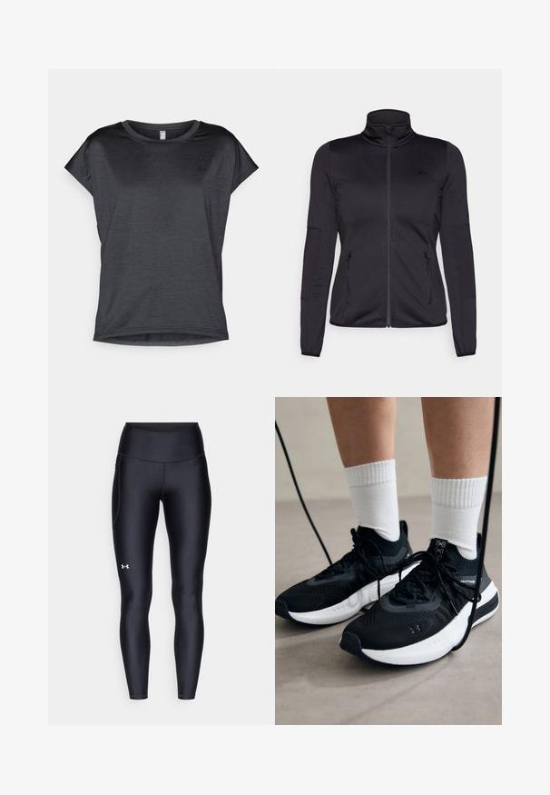 Sort zip-jakke med høj krave, fremstillet af glat, strækbart stof, med to lynlåslommer foran og strukturerede ærmer.; Kortærmet, mørkegrå T-shirt med rund hals, lavet af letvægtsstof, med en glat tekstur og en afslappet pasform.; Sorte leggings lavet af glat, strækbart materiale med høj talje. Har et hvidt logo på venstre lår og en tætsiddende design.; Sorte sportssko med tekstureret stof, hvid sål og sorte snørebånd. Båret med hvide ribbede sokker, stående på en lys overflade.