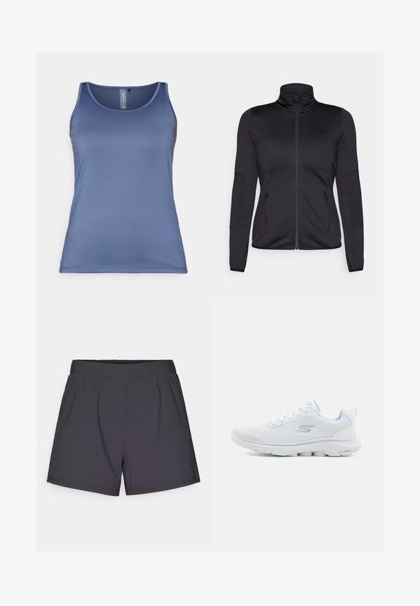 Μαύρο φούτερ με φερμουάρ και ψηλό λαιμό, κατασκευασμένο από λεία, ελαστική ύλη, με δύο μπροστινές τσέπες με φερμουάρ και υφασμάτινα μανίκια.; ONLY Play ONPCARMEN LIFE TOP - Μπλούζα - vintage indigo; Μαύρες αθλητικές βερμούδες φτιαγμένες από ελαφρύ, ελαστικό ύφασμα. Διαθέτουν ελαστική μέση και μια απλή, χωρίς στολίδια σχεδίαση.; Λευκό αθλητικό παπούτσι με αναπνέον επάνω μέρος από πλέγμα, ελαφριές μπλε λεπτομέρειες και μαλακή σόλα με υφή που προσφέρει κράτημα.