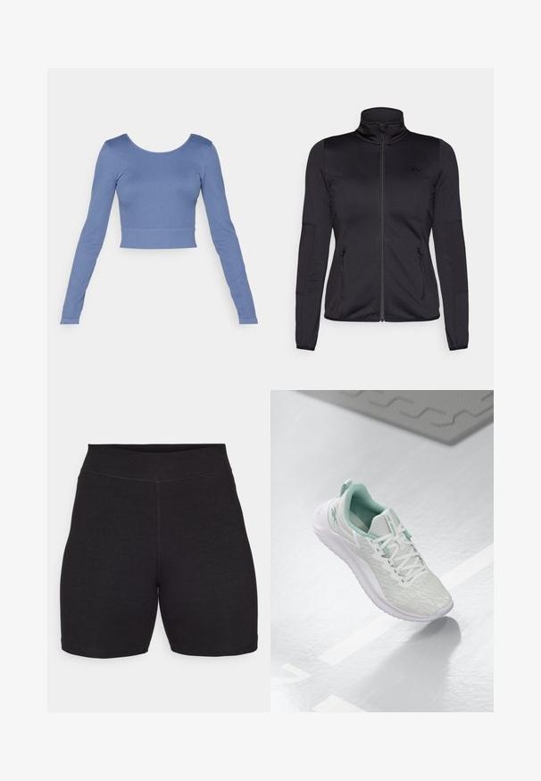 Juoda zip-up striukė su aukštu apykakle, pagaminta iš lygaus, elastingo audinio, turinti dvi užtrauktukais uždaromas priekinės kišenes ir tekstūruotas rankoves.; Ilgų rankovių, trumpas viršus, pagamintas iš minkštos mėlynos juostelės medžiagos. Yra apvalus kaklas ir prigludęs dizainas su minimaliais siuvinėjimo akcentais.; Juodi dviračių šortai su aukštu juosmeniu, pagaminti iš tamprios, minkštos medžiagos. Turi plokščias siūles ir glotnią tekstūrą patogumui.; Šviesiai pilni sportiniai bateliai su tekstūruota mezgimo viršutine dalimi, mėtų žalumo akcentais, baltais raišteliais, guminėmis padangomis ir kilpa kulne.