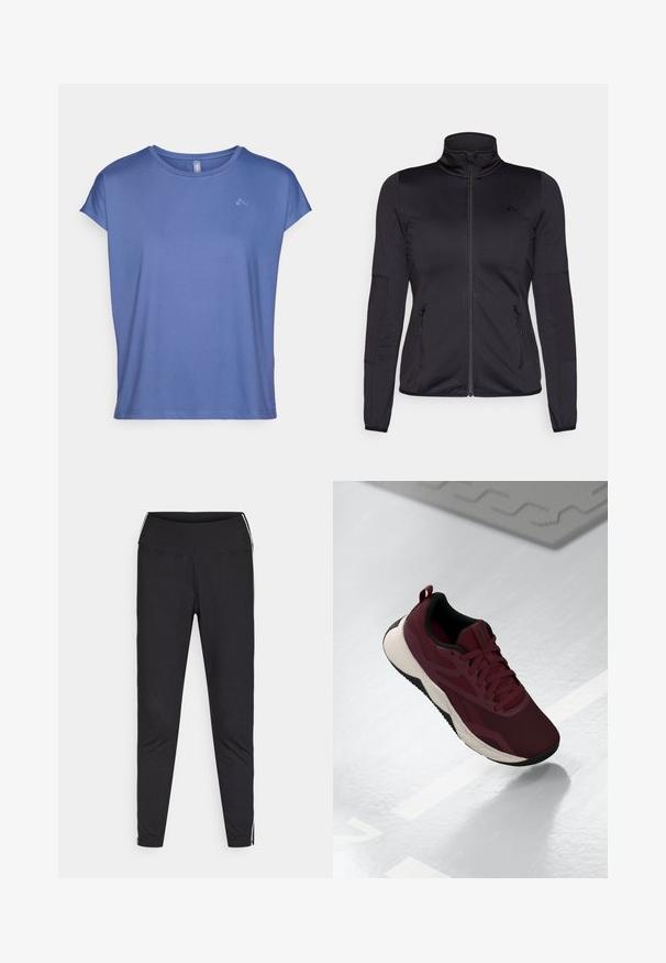 Fekete cipzáras dzseki magas gallérral, sima, rugalmas anyagból készült, elöl két cipzáras zsebbel és texturált ujakkal.; Rövid ujjú, kerek nyakú póló világoskék színben, sima anyagból készült. Diszkrét logó található a mellkasán, és laza, könnyed szabású.; Fekete leggings rugalmas anyagból. Magas derék, szűkített fazon, fehér oldalcsíkokkal a külső varrások mentén. Sima felület.; Bordó sportcipő hálós felsőrészével, fekete részletekkel és párnázott fehér talppal. Fűzős záródással és saroknál húzófüllel rendelkezik.