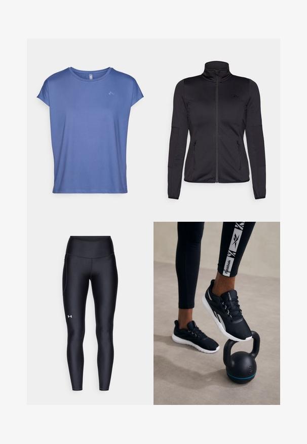 Černá bunda na zip s vysokým límcem, vyrobená z hladkého, elastického materiálu, se dvěma předními kapsami na zip a texturovanými rukávy.; Krátký rukáv, tričko s kulatým výstřihem ve světle modré barvě, vyrobené z hladké tkaniny. Obsahuje nenápadné logo na hrudi a má volný, uvolněný střih.; Černé leginy vyrobené z hladkého, pružného materiálu s vysokým pasem. Obsahují bílé logo na levém stehně a mají přiléhavý střih.; Černé sportovní boty s texturovaným svrškem, bílou podrážkou a šedými akcenty, umístěné na černém kettlebellu s modrým pruhem, na neutrálním pozadí.