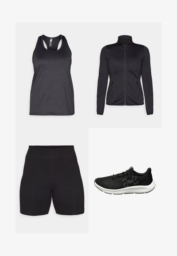 Must ehk üles tõmmatav jakk, millel on kõrge krae, valmistatud siledast ja venivast kangast, millel on kaks lukuga esikotid ja tekstureeritud varrukad.; ONLY Play ONPCORE LIFE ON - Topp - black; Mustad mustad jalgrattapüksid kõrge vöökohaga, valmistatud elastsetest, pehmest kangast. Omab lameõmblusi ja sujuvat tekstuuri mugavuseks.; Mustajad sportlikud jalanõud, millel on tekstuuriga võrkmaterjalist ülemine osa, valge vahekiht ja must kummist välistald. Omab musti paelu ja küljes on logo.