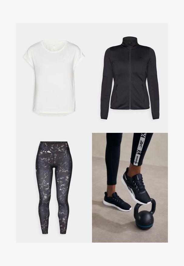 Crna jakna s patentnim zatvaračem i visokim ovratnikom, napravljena od glatkog, rastezljivog materijala, s dva prednja džepa na patentni zatvarač i teksturiranim rukavima.; Bijela majica s kratkim rukavima i okruglim izrezom, od glatkog materijala. Ima podvrnute rukave i suptilan detalj s logotipom na prsima.; Visoke tajice na crnoj podlozi s mramornim uzorkom u prigušenim bojama. Glatkasti, rastezljivi materijal s kontrastnim šavovima i bez vidljive hardverske opreme.; Crne sportske cipele s teksturiranim gornjim dijelom, bijelim potplatom i sivoj akcenti, postavljene na crni kettlebell s plavom prugom, na neutralnoj pozadini.