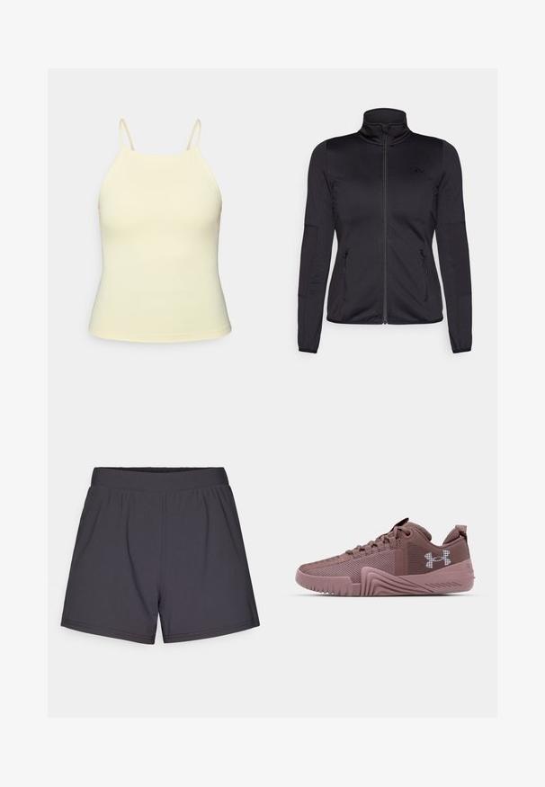 Czarna kurtka na zamek z wysokim kołnierzem, wykonana z gładkiego, elastycznego materiału, posiadająca dwie kieszenie z przodu na zamek oraz fakturowane rękawy.; Jasnożółty bezrękawnik z cienkimi ramiączkami, wykonany z gładkiego, elastycznego materiału. Posiada dopasowaną sylwetkę i subtelną detal logo.; Czarne szorty sportowe wykonane z lekkiego, elastycznego materiału. Posiadają elastyczny pas i prosty, nieozdobiony design.; Ciemnoróżowe buty sportowe z teksturowanym siateczkowym wierzchem, gumową podeszwą i wyraźnym wzorem przyczepności; posiadają logo z boku oraz wyściółkę pod szyją.