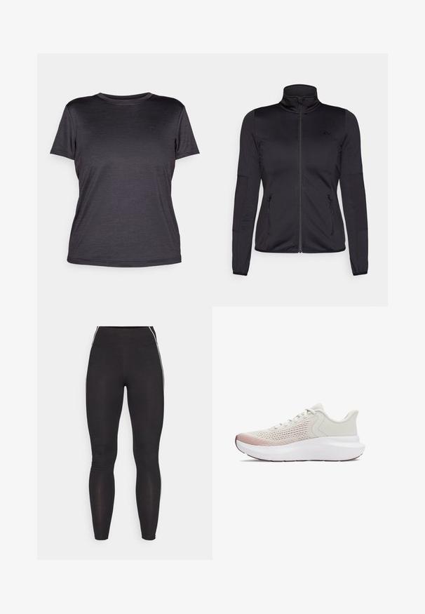 Schwarze Zip-Jacke mit hohem Kragen, gefertigt aus glattem, dehnbarem Material, mit zwei vorderen Reißverschlusstaschen und strukturierten Ärmeln.; Graues Kurzarm-T-Shirt aus leichtem Stoff, mit Rundhalsausschnitt, glatter Textur und dezentem Logo auf der Brust.; Schwarze Leggings aus dehnbarem Material mit hohem Bund. Merkmale sind weiße Seitenstreifen und eine glatte Textur.; Leichte Sportschuhe mit einem atmungsaktiven weißen Netzobermaterial, einem Verlauf in Pink-Akzenten und einer dicken weißen Sohle mit strukturierten Details.