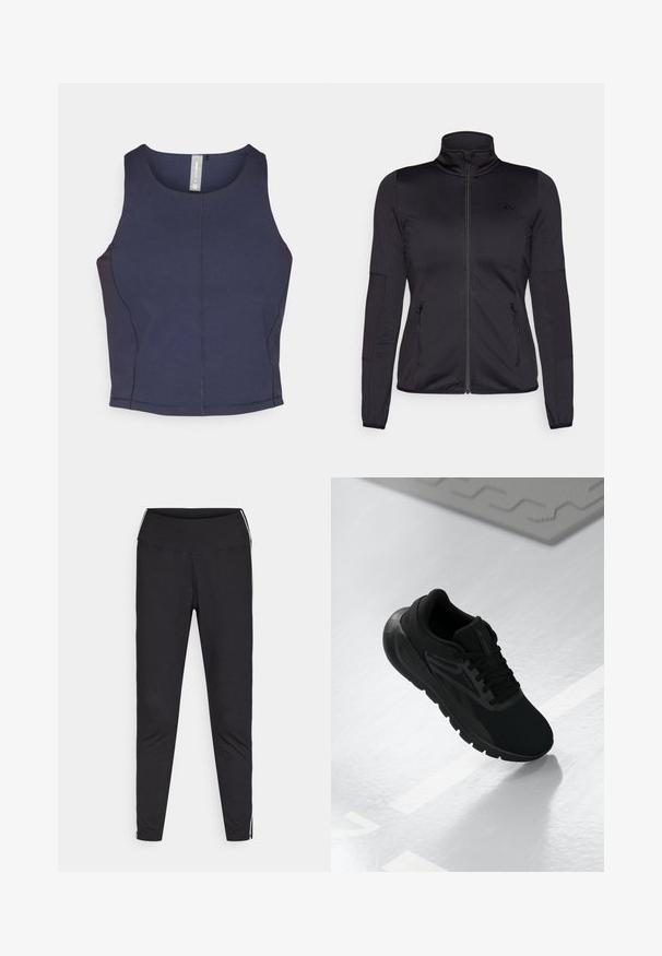 Must ehk üles tõmmatav jakk, millel on kõrge krae, valmistatud siledast ja venivast kangast, millel on kaks lukuga esikotid ja tekstureeritud varrukad.; Tumesinine ilmavarrukatega crop top ümarate kaelustega, sile tekstuur ja nähtavad õmbluste detailid külgedel.; Mustad must leggings venivast kangast. Kõrge vöökoht, kitsenev lõige, valged külgtriibud välimistel õmblustel. Sile pind.; Mustvalge spordijalats, millel on võrgusilma ülemine osa, ümmargune nina, pehme talla ja tekstuuriga aktsendid, asetatuna siledale valgele pinnale.