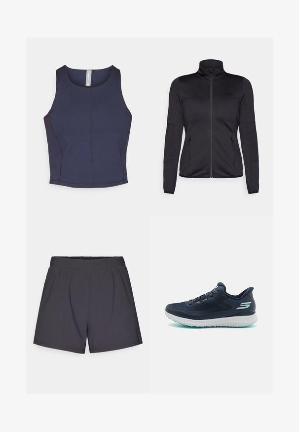 Čierna zipsová bunda s vysokým golierom, vyrobená z hladkého, elastického materiálu, so zipsovými prednými vreckami a štruktúrovanými rukávmi.; Námornícka modrá bezrukávová crop top s okrúhlym výstrihom, hladkou textúrou a viditeľným švom po stranách.; Čierne športové šortky vyrobené z ľahkej, elastickej tkaniny. Obsahujú elastický pás a jednoduchý, nezdobený dizajn.; Námornícky modré bežecké topánky s priedušnou sieťovinou, bielou medzipodrážkou a svetlomodrými akcentmi. Obsahujú štruktúrovanú podrážku pre lepšiu trakciu.