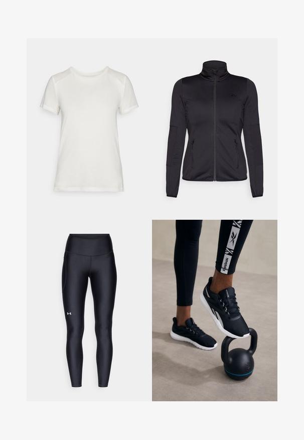Čierna zipsová bunda s vysokým golierom, vyrobená z hladkého, elastického materiálu, so zipsovými prednými vreckami a štruktúrovanými rukávmi.; Biela tričko s krátkym rukávom vyrobené z jemnej látky, s okrúhlym výstrihom a voľným strihom s hladkými, bezšvovými detailmi na pleciach.; Čierne legíny vyrobené z hladkého, elastického materiálu s vysokým pásom. Obsahujú biele logo na ľavom stehne a sú strihané na telo.; Čierne športové topánky s textúrovaným povrchom, bielou podrážkou a šedými akcentmi, umiestnené na čiernej kettlebell s modrým pruhom, na neutrálnom pozadí.