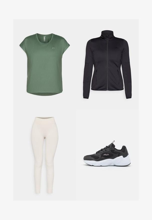 Černá bunda na zip s vysokým límcem, vyrobená z hladkého, elastického materiálu, se dvěma předními kapsami na zip a texturovanými rukávy.; Zelené tričko s krátkým rukávem, kulatým výstřihem, měkkou tkaninou, volným střihem a decentním logem na přední straně.; Žebrované legíny v béžové barvě, s vysokým pasem a přiléhavým střihem. Hladká textura, zúžené nohavice a manžetové lemy.; Černá sportovní obuv vyrobená z meshu a syntetického materiálu, s bílou gumovou podrážkou, zaobleným tvarem a výrazným logem na boku.