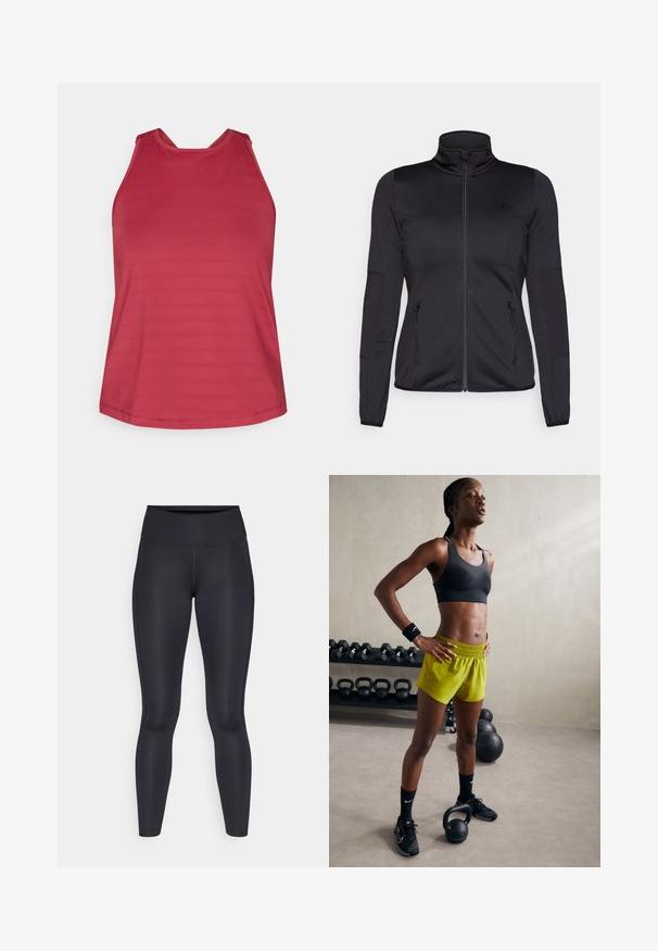 Czarna kurtka na zamek z wysokim kołnierzem, wykonana z gładkiego, elastycznego materiału, posiadająca dwie kieszenie z przodu na zamek oraz fakturowane rękawy.; Czerwona bezrękawnik sportowy z wysokim dekoltem i siateczkowymi panelami na ramionach, zaprojektowany dla kobiet.; Czarne legginsy wykonane z gładkiego, elastycznego materiału. Wysoki stan bez widocznych wzorów czy akcentów. Dobrze przylegają od pasa do kostek.; Czarny stanik sportowy, jasne żółte szorty z elastycznym pasem, czarne buty sportowe i opaski na nadgarstki, stojące obok kettlebelli.