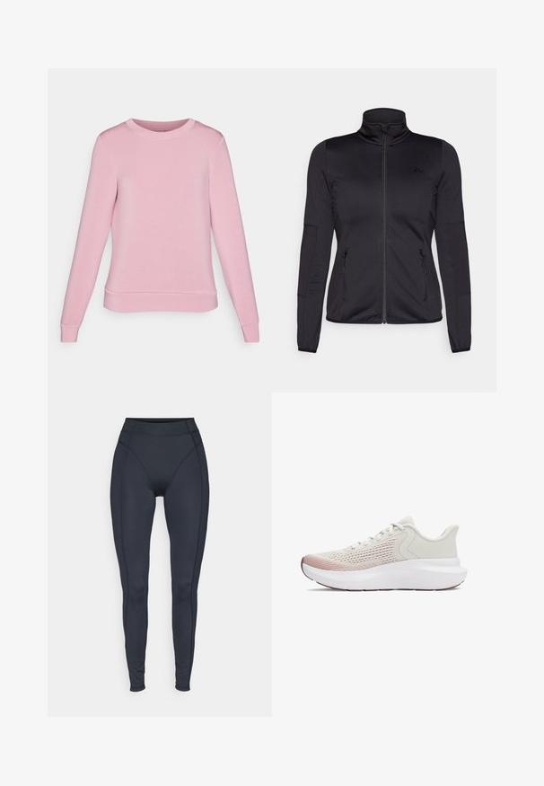 Black zip-up jacket with a high collar, constructed from smooth, stretchy fabric, featuring two zippered front pockets and textured sleeves.; Light pink sweatshirt with long sleeves, round neckline, and ribbed cuffs and hem. Made from soft fabric with a smooth texture.; High-waisted black leggings made from stretchy fabric, featuring seamless sides and fitted design for comfort and mobility.; Lightweight athletic shoes with a breathable white mesh upper, gradient pink accents, and a thick white sole with textured detailing.