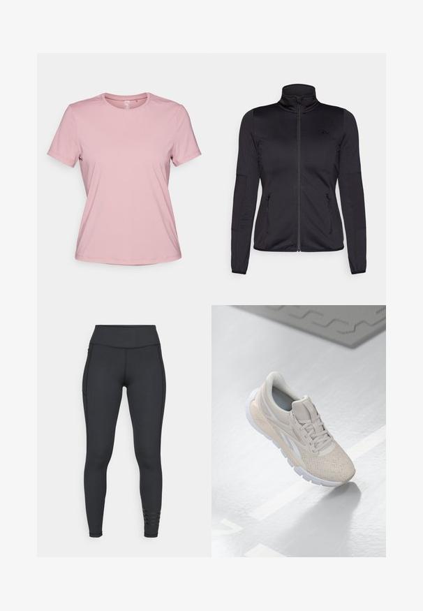 Fekete cipzáras dzseki magas gallérral, sima, rugalmas anyagból készült, elöl két cipzáras zsebbel és texturált ujakkal.; Rózsaszín, rövid ujjú póló sima anyagból, kerek nyakkivágással és laza szabással, látható minták vagy díszítések nélkül.; Fekete leggings rugalmas anyagból, magas derékban, elegáns kialakítással és csíkos díszítéssel a bokánál.; Világos bézs színű sportcipő perforált felsőrésszel, texturált díszítéssel, párnázott nyakkal és fehér gumitalppal, amely a kényelem és a légáteresztő képesség érdekében készült.