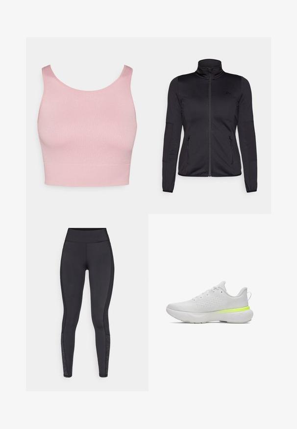 Must ehk üles tõmmatav jakk, millel on kõrge krae, valmistatud siledast ja venivast kangast, millel on kaks lukuga esikotid ja tekstureeritud varrukad.; Roosa ribatud lühike topp ümmarguse kaelarõnga ja laiade õlavarredega, millel on sile tekstuur ja kinnitatud siluett.; Mustad mustad, mis on valmistatud venivast materjalist. Kõrge vöökoht, sile tekstuur, millel on mustritooted sääres.; Valged sportlikud kingad, millel on hingav võrgust ülemine osa, ümmargune varvas ja rohelised aktsendid kandadel; sisaldavad mugavat pehmendatud talla.