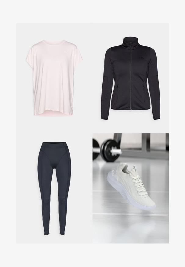 Musta vetoketjullu takki korkealla kauluksella, valmistettu sileästä ja joustavasta kankaasta, jossa on kaksi vetoketjullista etutaskua ja teksturoituja hihoja.; Vaaleanpunainen lyhythihainen t-paita, joka on valmistettu pehmeästä kankaasta. Paidassa on pyöreä kaula-aukko ja se on löysästi istuva, ylimääräisillä sivuhalkioilla lisäämään mukavuutta.; Musta korkeavyötäröinen leggingit, jotka on valmistettu joustavasta kankaasta, ja joissa on saumattomat sivut sekä istuva muotoilu mukavuuden ja liikkuvuuden takaamiseksi.; Valkoiset urheilukengät, joissa on teksturoitu verkkopintainen yläosa ja nauhoitusjärjestelmä. Kenkäpareissa on pehmustettu valkoinen pohja ja hienovaraiset uritetut yksityiskohdat.