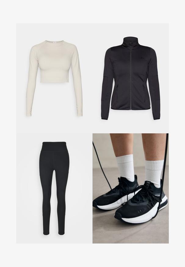 Juoda zip-up striukė su aukštu apykakle, pagaminta iš lygaus, elastingo audinio, turinti dvi užtrauktukais uždaromas priekinės kišenes ir tekstūruotas rankoves.; Šviesiai smėlinis, ilgos rankovės trumpas viršus, pagamintas iš tamprios medžiagos. Turi apvalų iškirpimą ir banguotus rankogalius. Švelni tekstūra.; Juodos tamprės, pagamintos iš elastingos medžiagos, su aukštu liemeniu, šoninėmis raukšlėmis ir priglundančia forma, siaurėjančia ties kulkšnimis.; Juodi sportiniai batai su tekstūruotu audiniu, balta padu ir juodais raiščiais. Dėvimi su baltais raištiniais kojiniais, stovint lengvame paviršiuje.