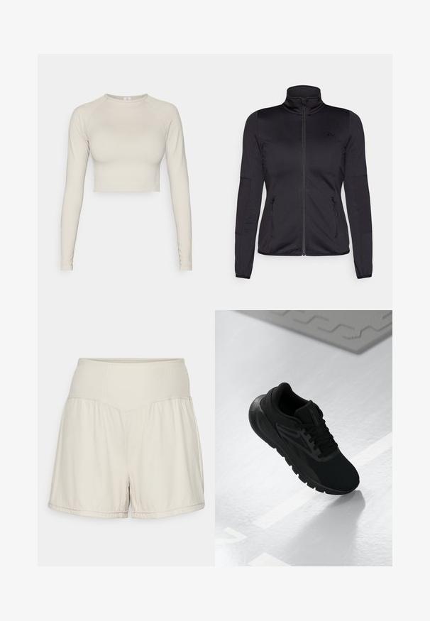 Black zip-up jacket with a high collar, constructed from smooth, stretchy fabric, featuring two zippered front pockets and textured sleeves.; Light beige, long-sleeve cropped top made from stretchy fabric. Features a round neckline and ribbed sleeve cuffs. Smooth texture.; Light beige shorts with a textured ribbed waistband, flowing design, and casual fit. Features stitched hems and side slits for flexibility.; Black athletic shoe featuring a mesh upper, round toe, cushioned sole, and textured accents, positioned on a smooth white surface.