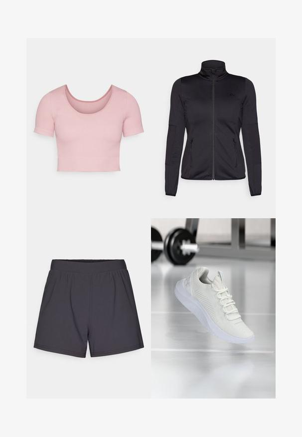 Czarna kurtka na zamek z wysokim kołnierzem, wykonana z gładkiego, elastycznego materiału, posiadająca dwie kieszenie z przodu na zamek oraz fakturowane rękawy.; Różowy prążkowany crop top z krótkim rękawem, charakteryzujący się okrągłym dekoltem i dopasowanym krojem. Gładka faktura z czystym, prostym wzornictwem.; Czarne szorty sportowe wykonane z lekkiego, elastycznego materiału. Posiadają elastyczny pas i prosty, nieozdobiony design.; Białe sportowe sneakersy z teksturowaną siateczką u góry i systemem sznurowania, charakteryzujące się wyściełaną białą podeszwą oraz subtelnymi żeberkowymi akcentami.