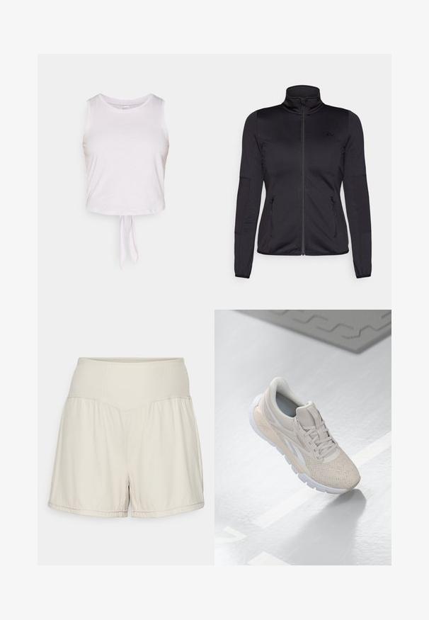 Black zip-up jacket with a high collar, constructed from smooth, stretchy fabric, featuring two zippered front pockets and textured sleeves.; White cropped tank top made of soft fabric, featuring a scoop neckline and a front tie detail at the hem for a fitted look.; Light beige shorts with a textured ribbed waistband, flowing design, and casual fit. Features stitched hems and side slits for flexibility.; Light beige athletic shoe with a perforated upper, textured accents, padded collar, and white rubber sole, designed for comfort and breathability.